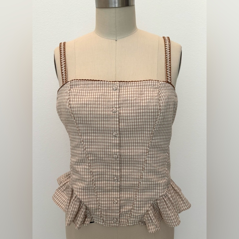 Zara Bustier Style Top Ruffled Cotton Brown Plaid Smocked Back L